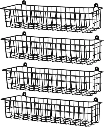 Vista 10 de Organizador de especias para montaje en pared, paquete de 2 cestas de almacenamiento de alambre negro para pared o puerta de gabinete en cocina