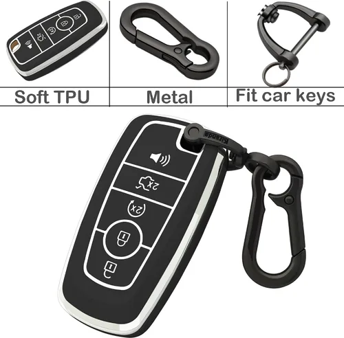 Vista 6 de Kirsnda Funda para llavero compatible con Ford, funda de TPU suave para llave Expedition para Mustang Fusion Raptor F250 F350 F450 F550 Edge Negro