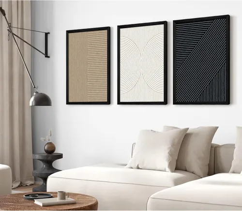 Vista 3 de Imágenes abstractas modernas para pared, arte de pared bohemio y neutro, arte de pared de línea minimalista, arte de pared beige, negro y marrón