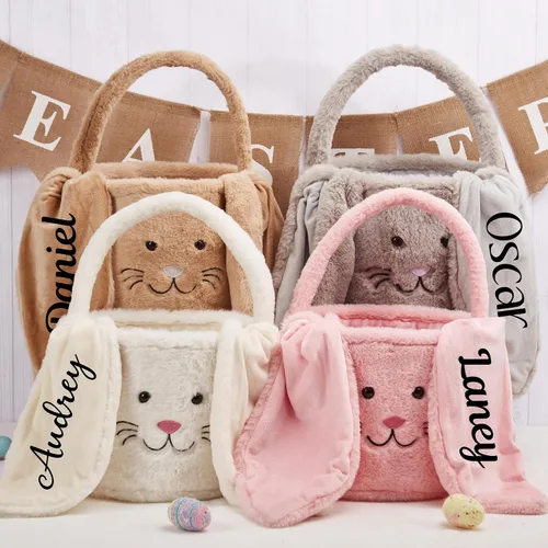 Vista 5 de Cesta de Pascua personalizada, cubos de Pascua con orejas de conejito de peluche personalizados para niños, huevos, caza, fiesta de Pascua, bolsa