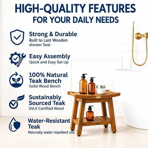Vista 6 de EcoDecors Banco de teca para ducha de 18 pulgadas, banco de ducha de madera de teca impermeable, asiento de baño con estante, capacidad de 300