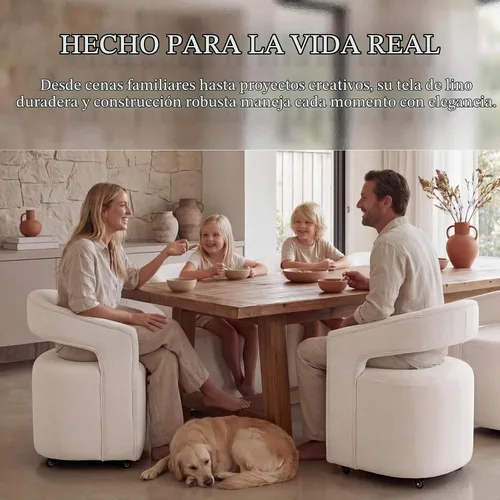 Vista 6 de DUOMAY Silla de comedor tapizada moderna con ruedas giratorias, juego de 1, silla auxiliar con respaldo de barril de lino, silla de tocador
