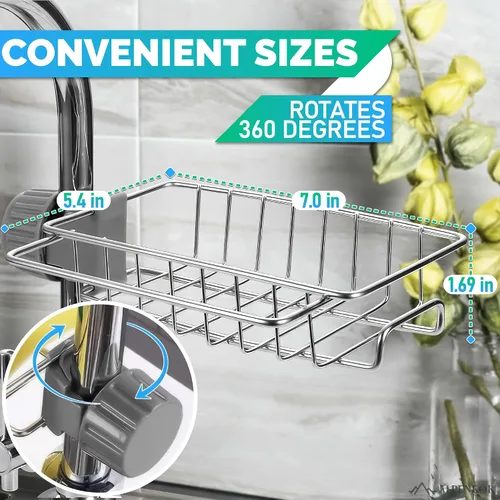 Vista 3 de Soporte de esponja para grifo para fregadero de cocina, se adapta a tubo de 0.78 a 0.98 pulgadas de diámetro, elegante organizador de grifos