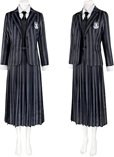 Vista 2 de Disfraz de Addams de New Wednesday 2023 para mujer, uniforme escolar a rayas, suéter de cinco piezas, traje de cosplay, carnaval, accesorios