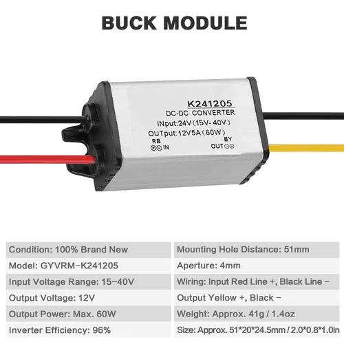 Vista 3 de Maxmartt Convertidor CC de 24 V a 12 V 5 A 60 W, convertidor de voltaje, adaptador de corriente CC impermeable, transformador resistente