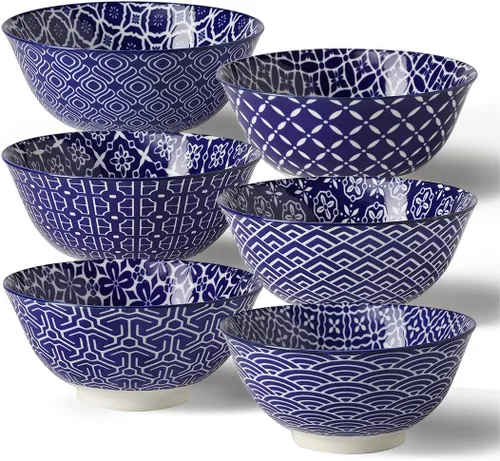 Vista 8 de Metahom Tazones Azules y Blancos, Tazones de Cerámica para Postre de 10 Oz, Juego de Tazones de Porcelana para Helado, Tazones Decorativos