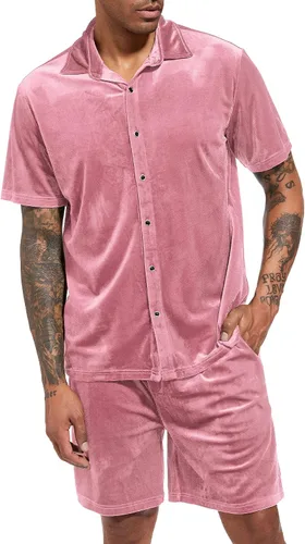 Vista 2 de LecGee Conjunto de pantalones cortos casuales de verano para hombre, camisa de terciopelo de manga corta con botones, pantalones cortos de cintura