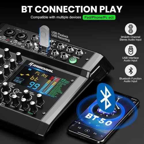 Vista 3 de Mezclador de interfaz de audio de 6 canales, tablero de sonido 99 DSP efectos digitales con interfaz Bluetooth USB Rac de 48 khz/24 bits como