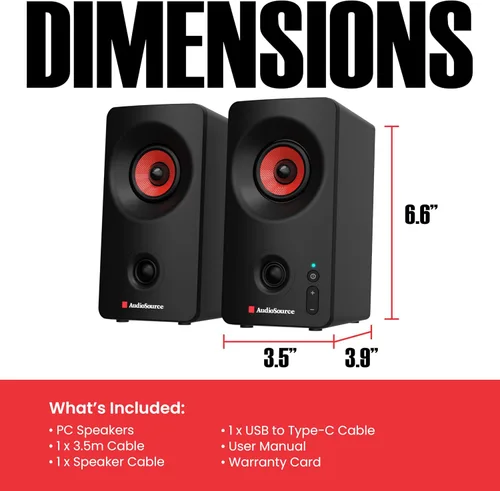 Vista 9 de Audiosource Altavoces de escritorio para PC con Bluetooth 5.3, USB-C Plug & Play, altavoces de computadora estéreo 2.0 con controladores duales