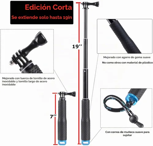 Vista 2 de Extensión corta de 19 pulgadas, mango compacto, mango compacto, ajustable, impermeable, monopié compatible con GoPro Hero 13, 12, 11, 10, 9, 8, 7