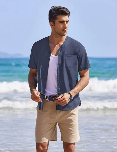 Vista 2 de COOFANDY Men's Cotton Linen Shirt V Neck Short Sleeve Button Down Beach Summer Shirts