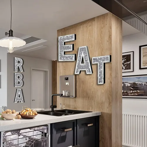 Vista 7 de ZOLAPI 3 piezas Letras Independientes BAR. Letras de Cristal Diamante Glamorosas. Vidrio Espejo Plateado Decoración del Hogar para Pared, Cocina