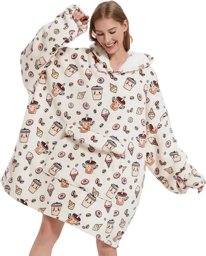 Vista 6 de Mewkou Manta con capucha para adultos, manta de forro polar Sherpa de gran tamaño con capucha para mujeres y hombres, café