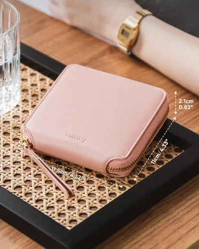 Vista 6 de Cartera de piel para mujer, con bloqueo RFID, plegable, delgada, para tarjetas de crédito, con bolsillo con cremallera, Rosado, Classic