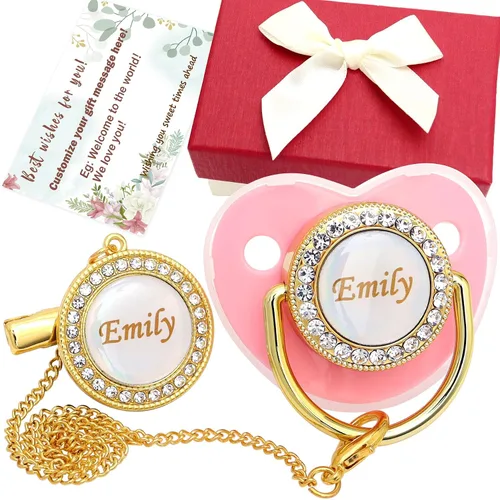 Vista 8 de Juego de chupetes personalizados con nombre, sin BPA, dorado, plateado, rosa, oro rosa, lujoso, regalo ideal para recién nacidos (negro)