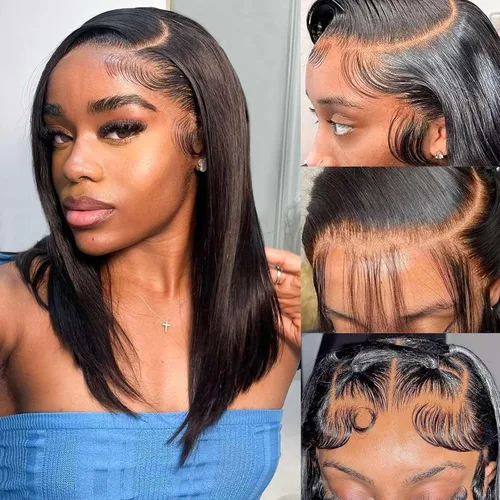 Vista 22 de Peluca Bob de pelo humano 13x4 encaje frontal HD estilo Bob corta y recta con parte lateral para mujeres negras, pelo humano prearrancado, sin De