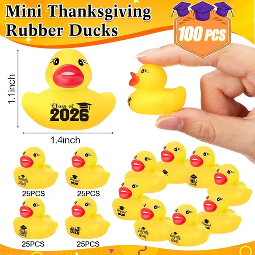 Vista 2 de MiniInflat 100 patos de goma de graduación de clase 2026 a granel 2026 Congrats Grad, varios patos de goma para graduación, juguetes de pato