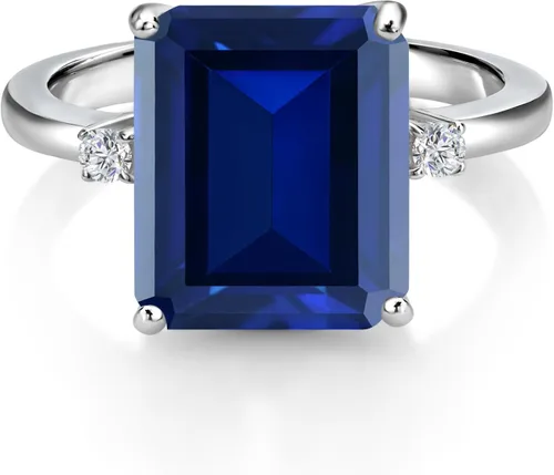 Vista 3 de Gem Stone King 5-7 Cttw Gemstone Birthstone and White Lab Grown Diamond 3-Stone Engagement Ring 925 Sterling Silver Center Emerald Cut 12X10MM
