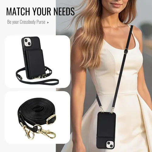 Vista 4 de Funda de teléfono para iPhone 13 Mini de 5.4 pulgadas con protector de pantalla de vidrio templado, correa de muñeca con bloqueo RFID, tarjetero