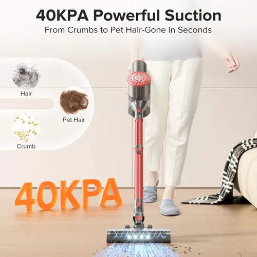 Vista 5 de Aspiradora inalámbrica con autosoporte, aspiradoras de palo de 40 KPA para el hogar, aspiradora recargable ligera 8 en 1, filtración de 7 capas