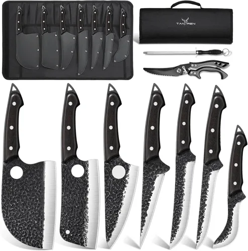 Vista 13 de TAN REN Juego de 3 Cuchillos de Carnicero para Cortar Carne, Cuchillos Cuchillas de Carnicero Forjados a Mano con Mango de Madera, Juego de Juego