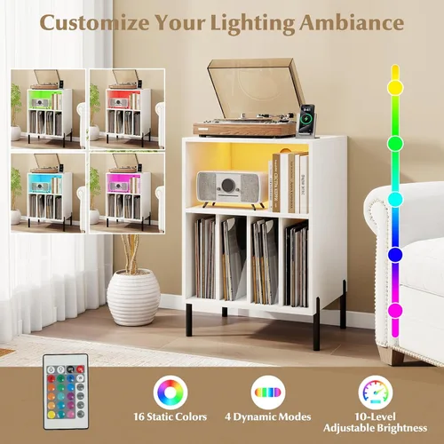 Vista 7 de LOKO Soporte para tocadiscos con luces LED, soporte para tocadiscos con estación de carga, soporte de almacenamiento de vinilo con patas de metal