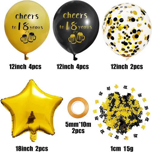 Vista 3 de SHUNTAI Globos de felicitación a los 18 años, decoraciones de cumpleaños negros y dorados, globos de látex de confeti dorado para niños y niñas