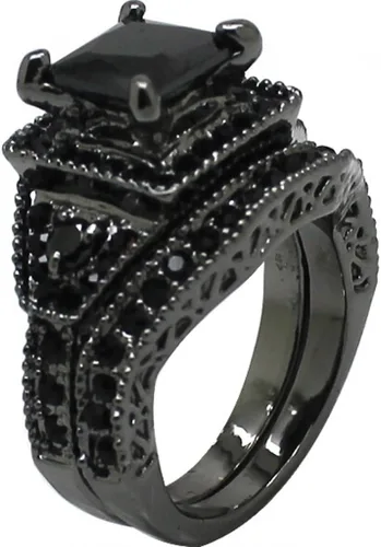 Vista 2 de Juego de anillos de boda de boda de corte princesa ónix negro