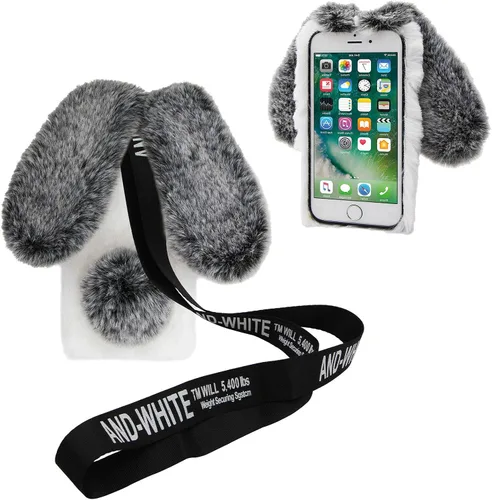 Vista 13 de 3D Bunny Ears Plush Case for iPod Touch 5/6 / 7 with Crossbody Strap, Winter Warm Handmade Bling Diamond Soft Rabbit Fluffy Furry Fur Shockproof