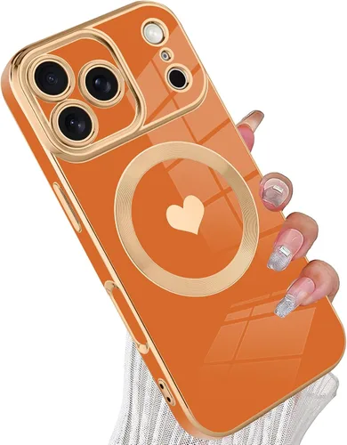 Vista 10 de tharlet Funda Magnética para iPhone 11 [Compatible con Magsafe] Lindo Corazón de Amor de Lujo Chapado Borde Dorado Parachoques con Lente de Cámara