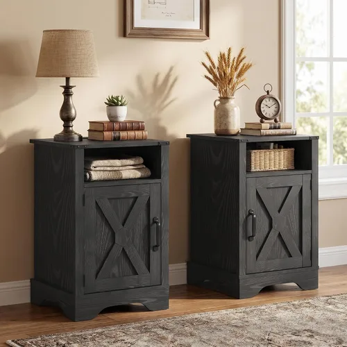Vista 24 de FansaFurn Farmhouse - Mesa auxiliar con estación de carga para dormitorio Mesitas de noche rústicas blancas con armario de almacenamiento y Blanco