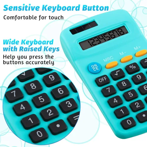 Vista 5 de Calculadora de función estudiantil de tamaño de bolsillo a granel, mini calculadora de batería solar básica colorida para Navidad, regalos