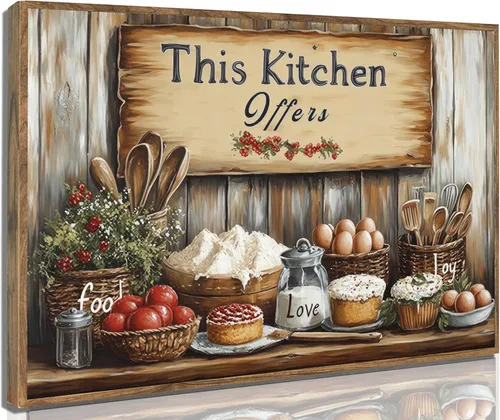 Vista 11 de Arte de pared de cocina campestre, naturaleza muerta en lienzo, estilo rústico vintage, granja. Esta cocina ofrece amor y alegría por la comida.