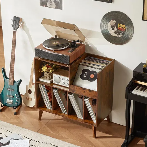 Vista 7 de LELELINKY Soporte grande para tocadiscos, soporte giratorio con almacenamiento, soporte para discos de vinilo con área de visualización, mesa