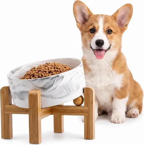 Vista 8 de hjn Cuenco elevado de cerámica para perros/cuencos elevados de cerámica para perros con soporte de bambú, comedero elevado inclinado de 15°