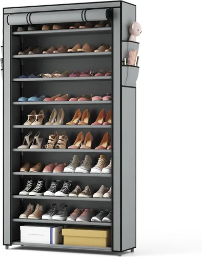 Vista 12 de ROJASOP Zapatero con cubiertas, organizador de zapatos grande de 10 niveles, almacenamiento alto para 20-22 pares de zapatos y botas, organizador