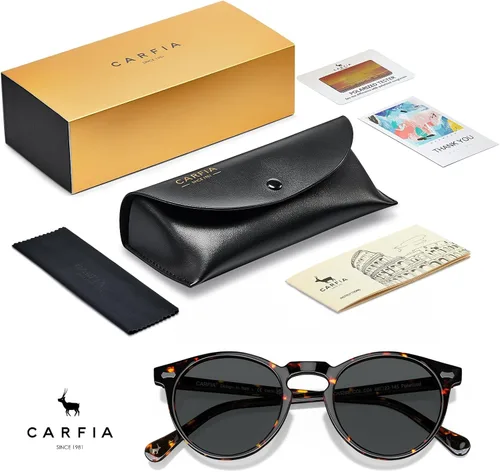 Vista 63 de CARFIA Gafas de sol polarizadas de acetato redondo para mujer, protección UV de cara pequeña con funda de cuero CA5288