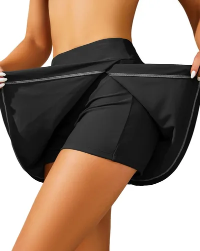 Vista 4 de Aqua Eve Falda de natación para mujer, con control de abdomen, con pantalones cortos integrados, cintura alta, parte inferior de natación dividida