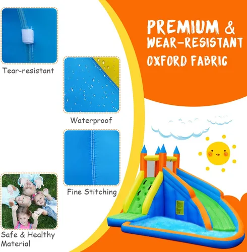 Vista 4 de GYMAX Casa inflable para saltar, tobogán acuático con pared de escalada y piscina de salpicaduras, fácil instalación, casa hinchable resistente