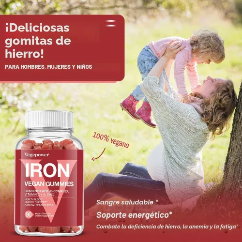 Vista 3 de Suplemento de gomitas de hierro vegano - con vitamina C, A, complejo B, folato, zinc para adultos y niños - Apoyo para la salud de la sangre