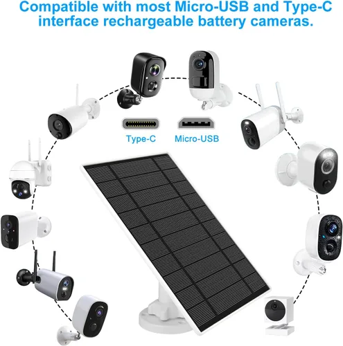 Vista 2 de Panel solar de 6 W 5 V para cámara Wyze al aire libre v1/v2 y batería Cam Pro, puerto micro USB o USB tipo C IP65 impermeable, montaje ajustable