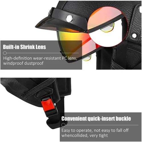 Vista 5 de Casco Moto Retro Jet Vintage DOT Homologado para adultos, hombres y mujeres, forro transpirable desmontable, Visera Retráctil PC y hebilla rápida