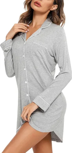 Vista 30 de Samring Camisón de pijama para mujer, manga corta/larga, con botones, camisón para dormir, camisón para novio, talla XXL