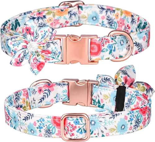 Vista 7 de Collar de cachorro con patrón floral, bonito collar de perro con flor de diamantes de imitación desmontable para perras (S, azul)