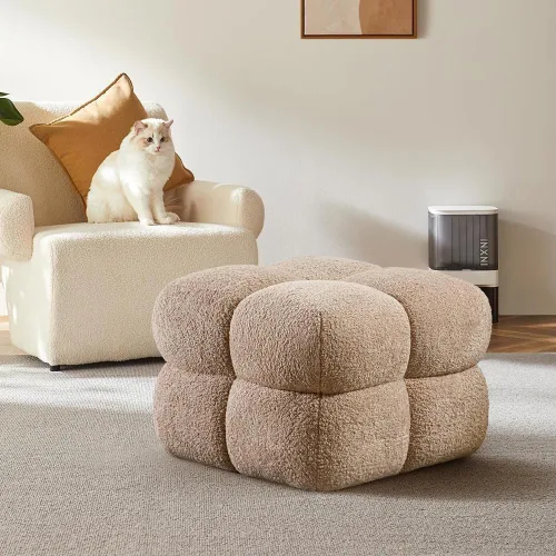Vista 8 de Taburete otomano cuadrado, mesa de centro otomana Boucle con cobertura completa, taburete de tocador moderno, puf tapizado con reposapiés para Beige