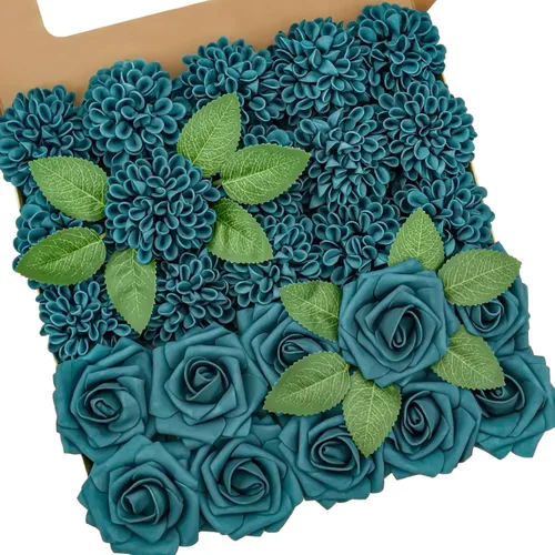 Vista 53 de Flores artificiales, 25 piezas, rosas artificiales realistas para ramos de novia, centros de mesa, arreglos, flores de Dalia negras con tallo