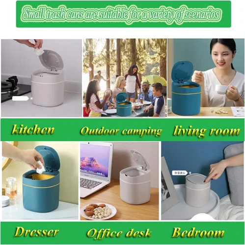 Vista 6 de LTWQLing - Bote de basura pequeño de plástico con tapa - Papelera emergente de 2 L para tocador de baño, escritorio, mesa o mesa auxiliar - Para