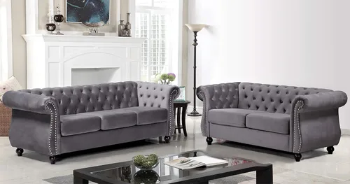 Vista 16 de Container Furniture Direct Feinstein - Sofá de terciopelo moderno Chesterfield para sala de estar con cabezas de clavos, acolchado de diamante