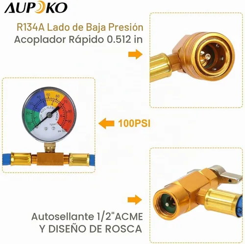 Vista 2 de Kit de manguera de carga de refrigerante R134A para CA, lata con válvula autosellante de 1/2'', y manguera de recarga con manómetro de presión