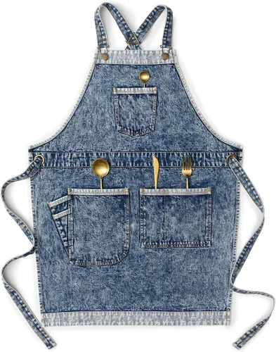 Vista 12 de Jeanerlor - Delantales de trabajo de mezclilla con bolsillos para mujeres y hombres, correas cruzadas y ajustables de S a XXXL, Negro
